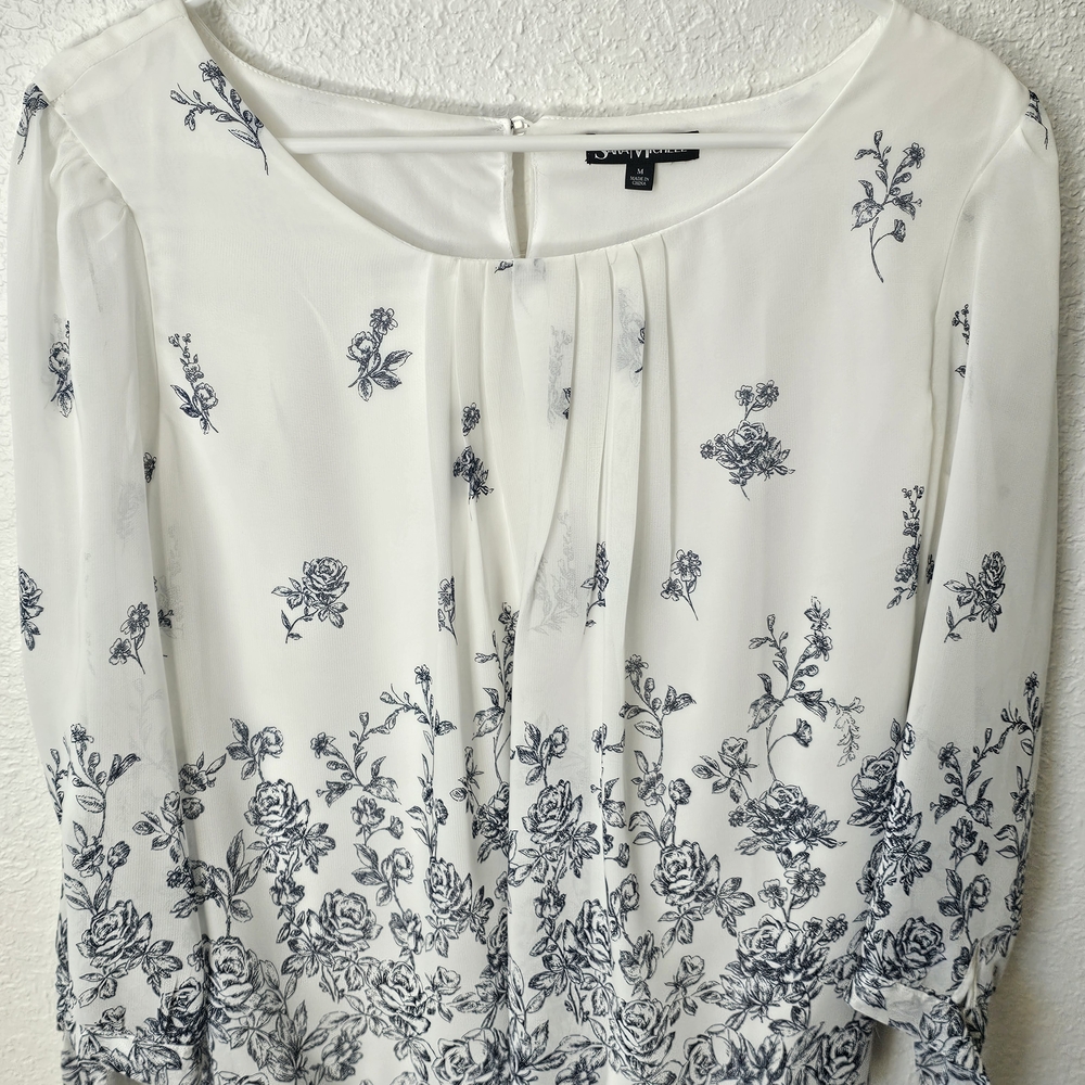 Sara Michelle White Blouse with Navy Floral Print